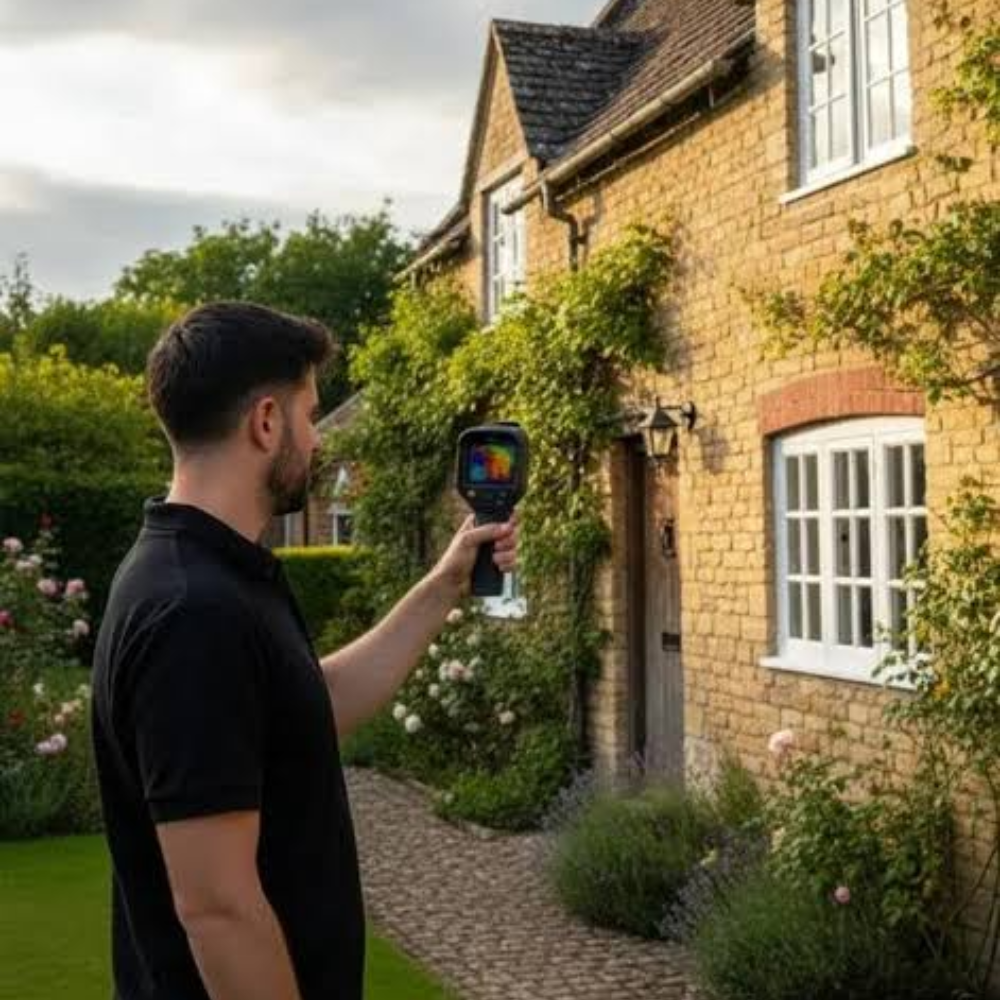 Building surveyor using a thermal camera to inspect the exterior of a house