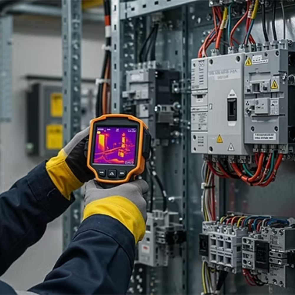 Engineer using a thermal camera to inspect components inside an electrical cabinet