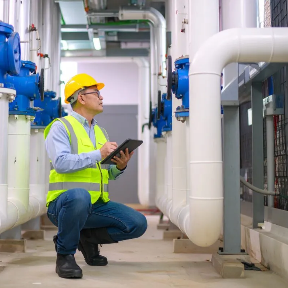 HVAC engineer inspecting pipework and mechanical equipment in a commercial plant room