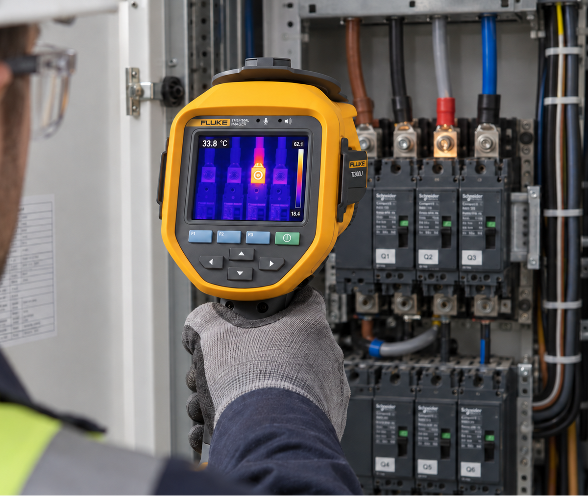 Technician using a Fluke Ti300U thermal camera to inspect an electrical distribution cabinet, with a warmer connection visible on the camera screen.