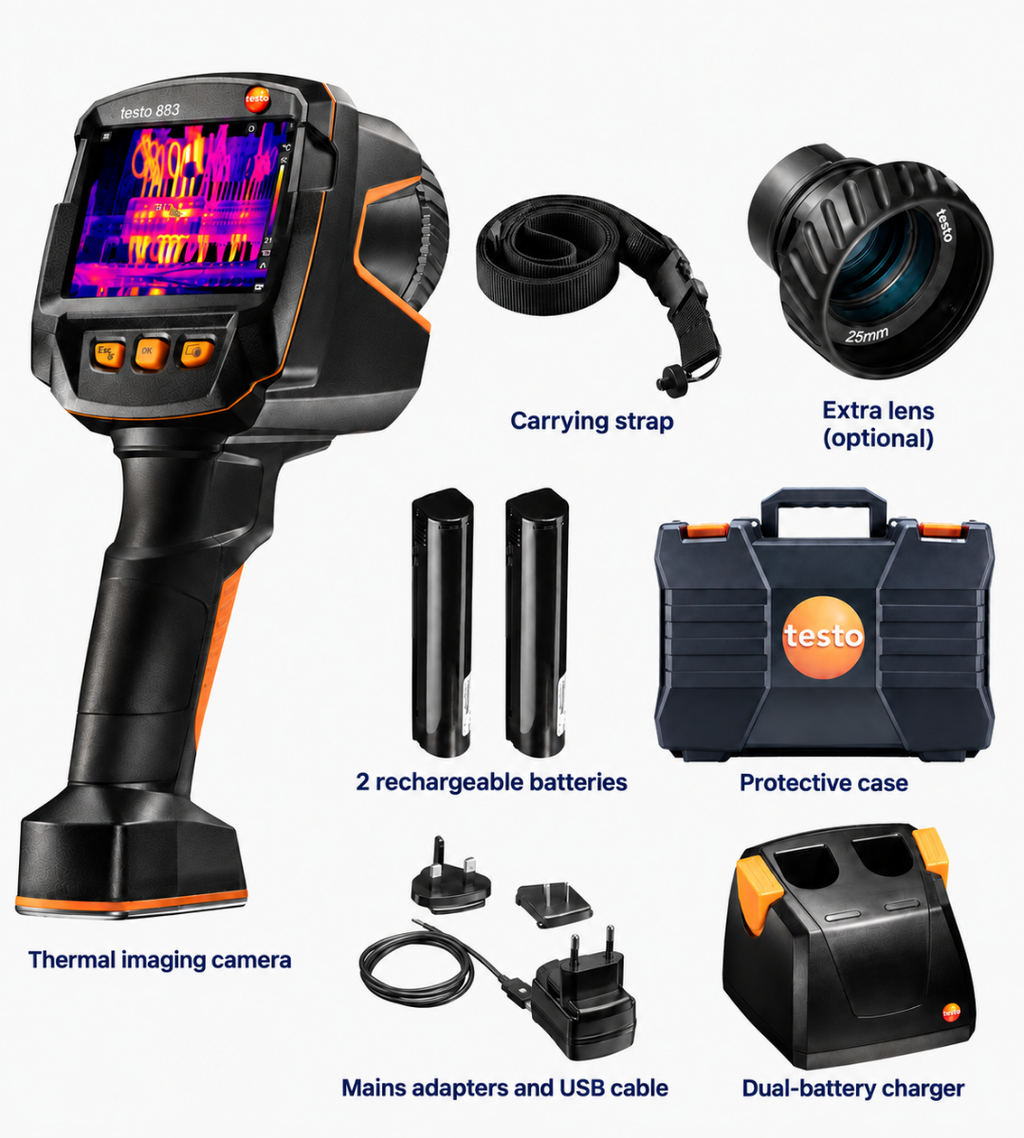 Testo 883-2 thermal camera kit with optional lens, batteries, charger, cables, strap and case