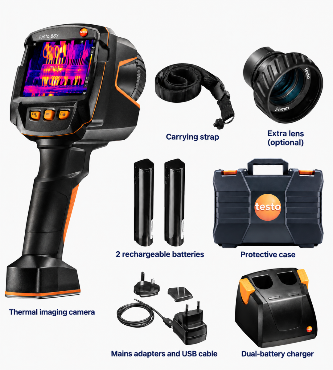 Testo 883-2 thermal camera kit with optional lens, batteries, charger, cables, strap and case
