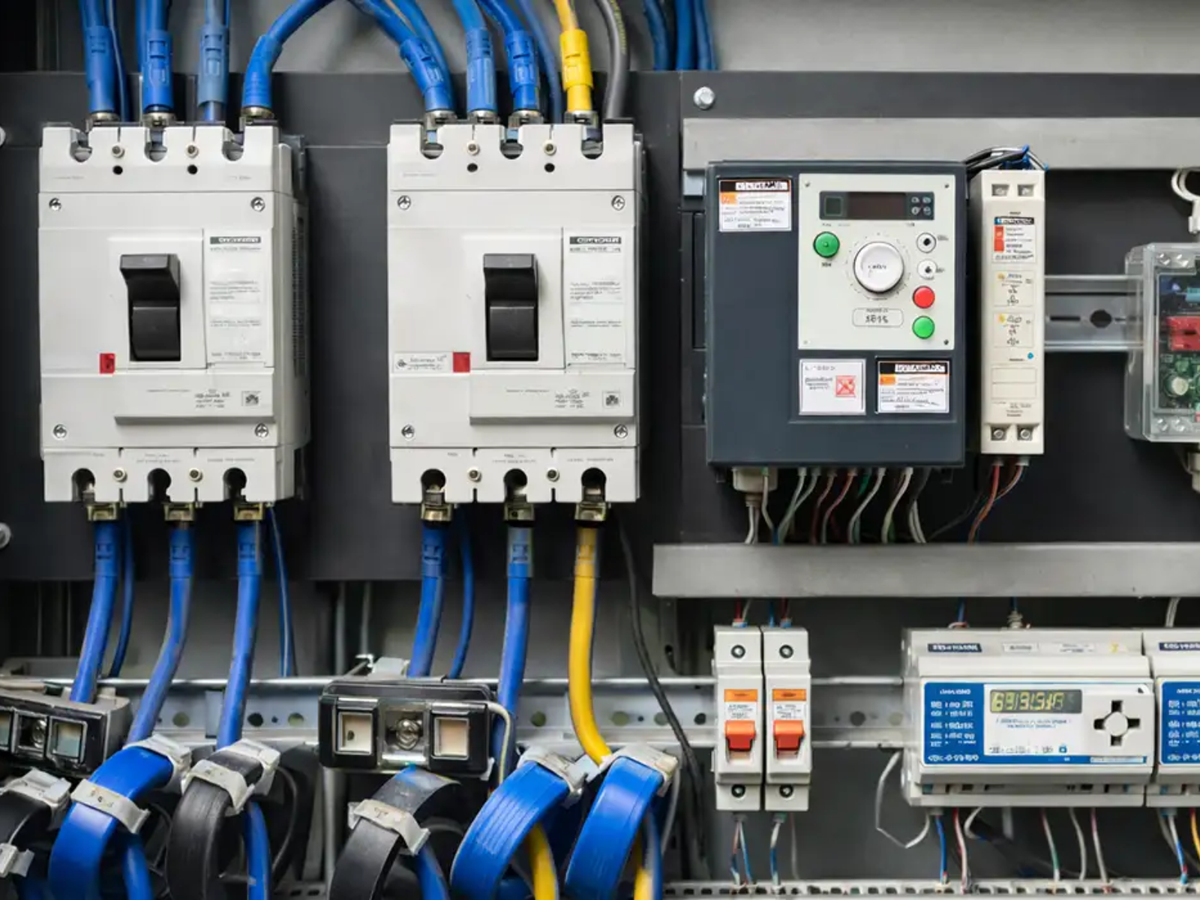 Industrial electrical cabinet with circuit breakers, control equipment and current transformers