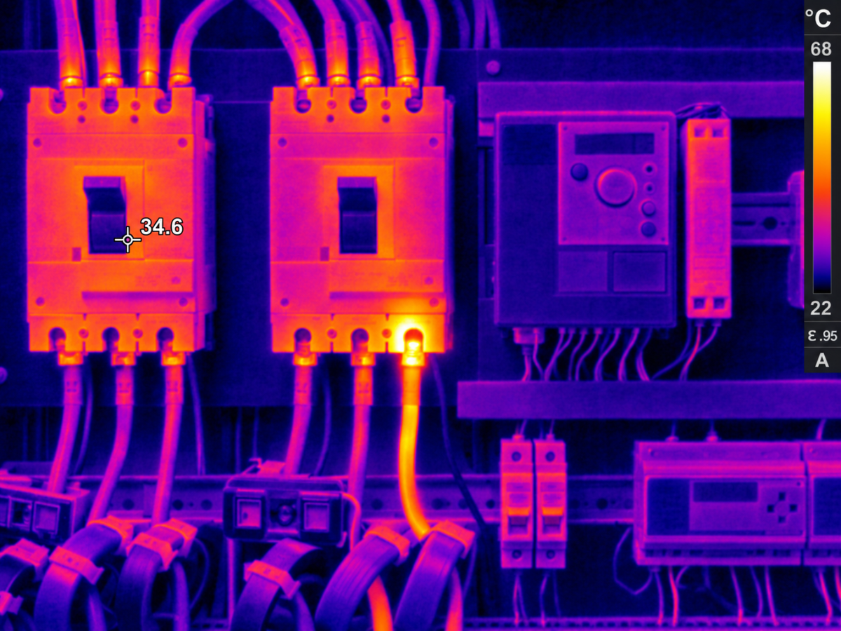 Thermal image of an electrical cabinet showing a localised hotspot at one circuit-breaker terminal