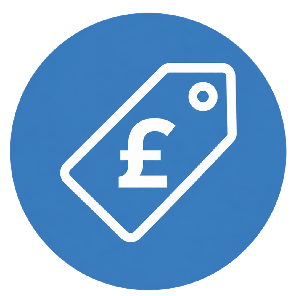 Price Match Promise: White price-tag icon with pound symbol on a blue circle