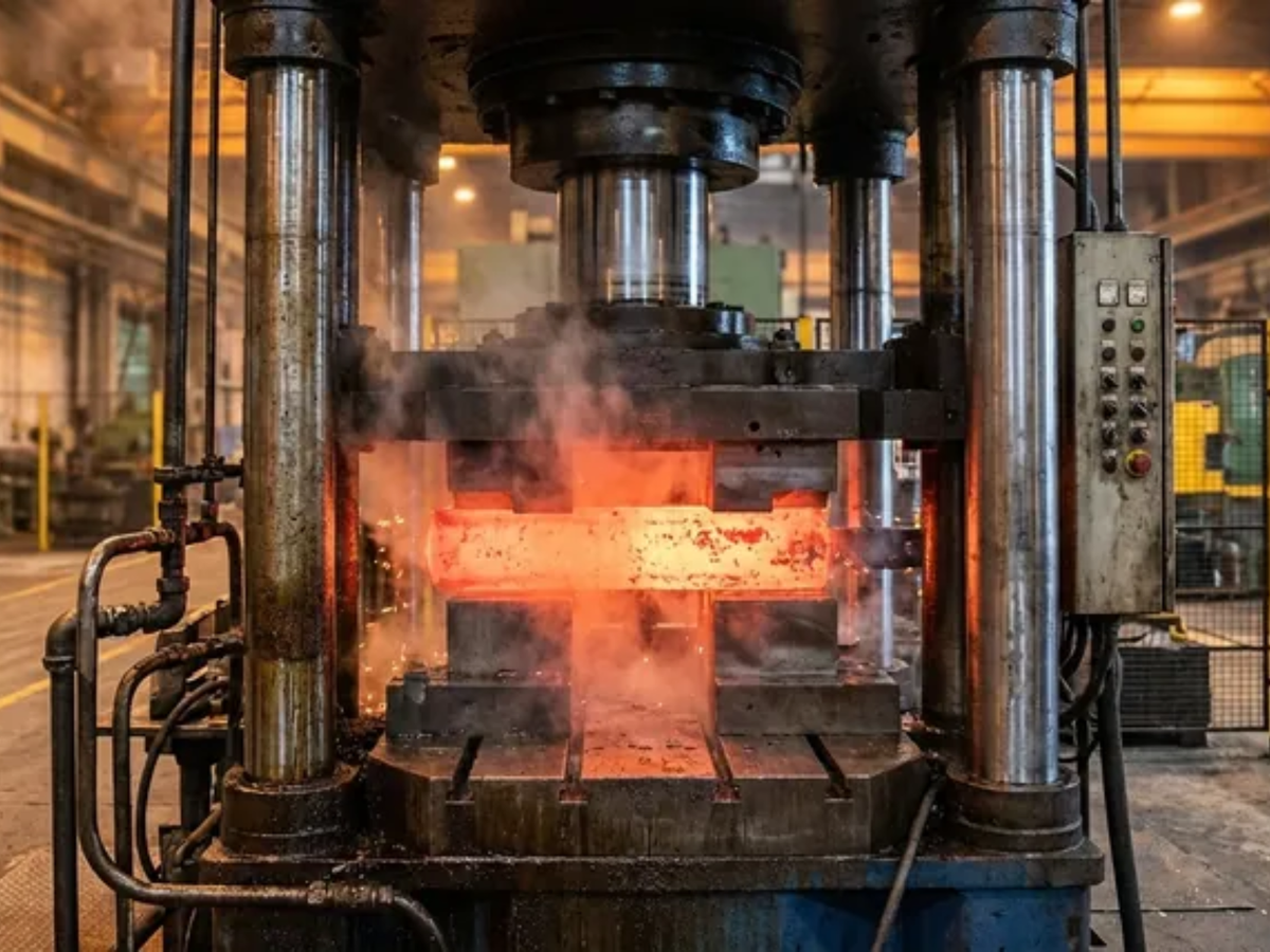 Hydraulic forging press compressing a glowing steel billet inside an industrial workshop.