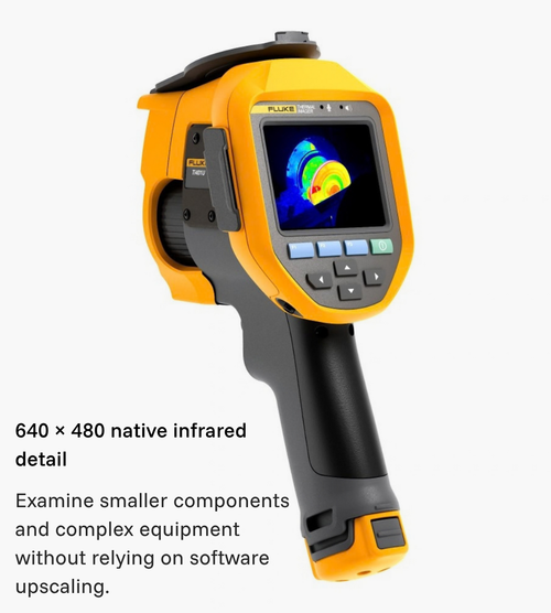 Angled view of the Fluke Ti401U showing its thermal display; annotation highlights its native 640 × 480 infrared resolution.