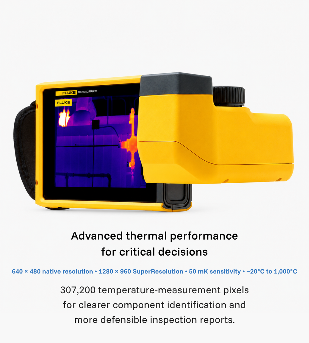 Side view of the Fluke TiX580 with its articulated touchscreen displaying a thermal image