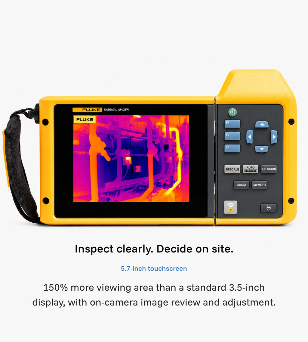 Rear view of the Fluke TiX501 showing its 5.7-inch touchscreen with a thermal image of industrial equipment