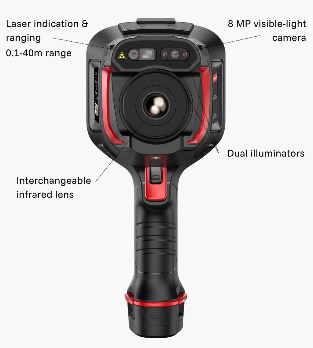 Front view of the Guide Sensmart Hammer II showing laser indication and 0.1–40 m ranging, visible-light camera, dual illuminators and infrared lens.