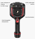 Front view of the Guide Sensmart Hammer II showing laser indication and 0.1–40 m ranging, visible-light camera, dual illuminators and infrared lens.