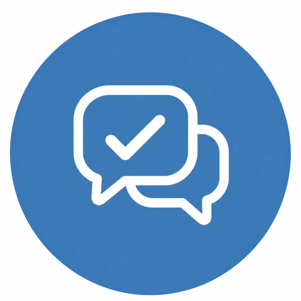 Helpful, Responsive Support: White conversation-bubble and checkmark icon on a blue circle