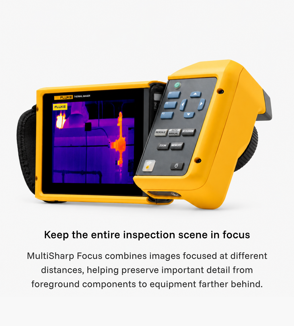 Rear view of the Fluke TiX580 showing its controls and 5.7-inch articulated touchscreen