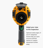 Front lens view of the Fluke Ti401U; annotation highlights optional wide-angle, 2× and 4× telephoto lenses.