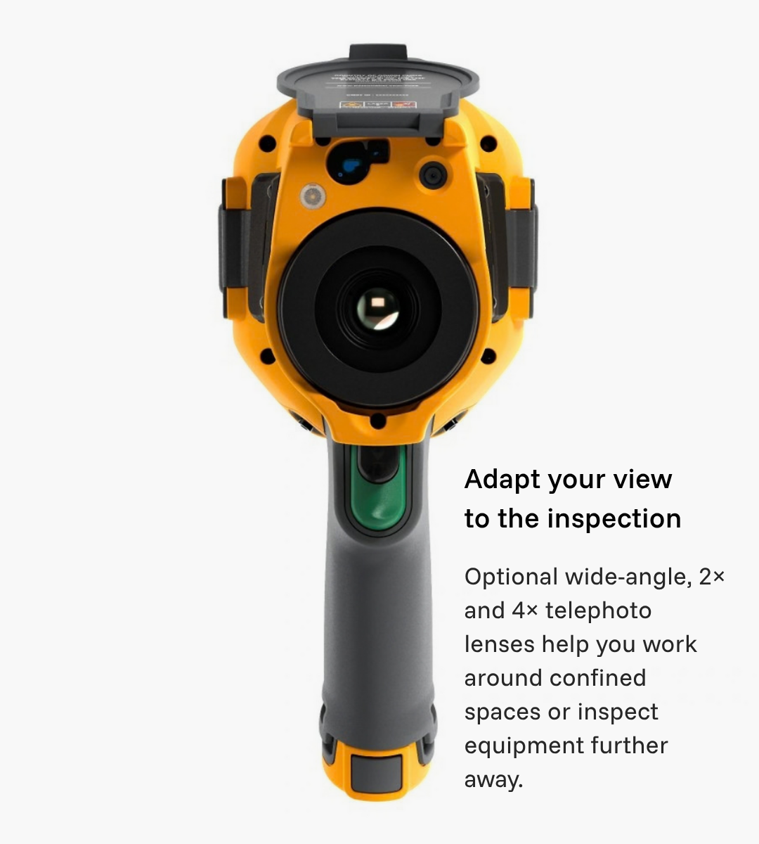 Front lens view of the Fluke Ti401U; annotation highlights optional wide-angle, 2× and 4× telephoto lenses.