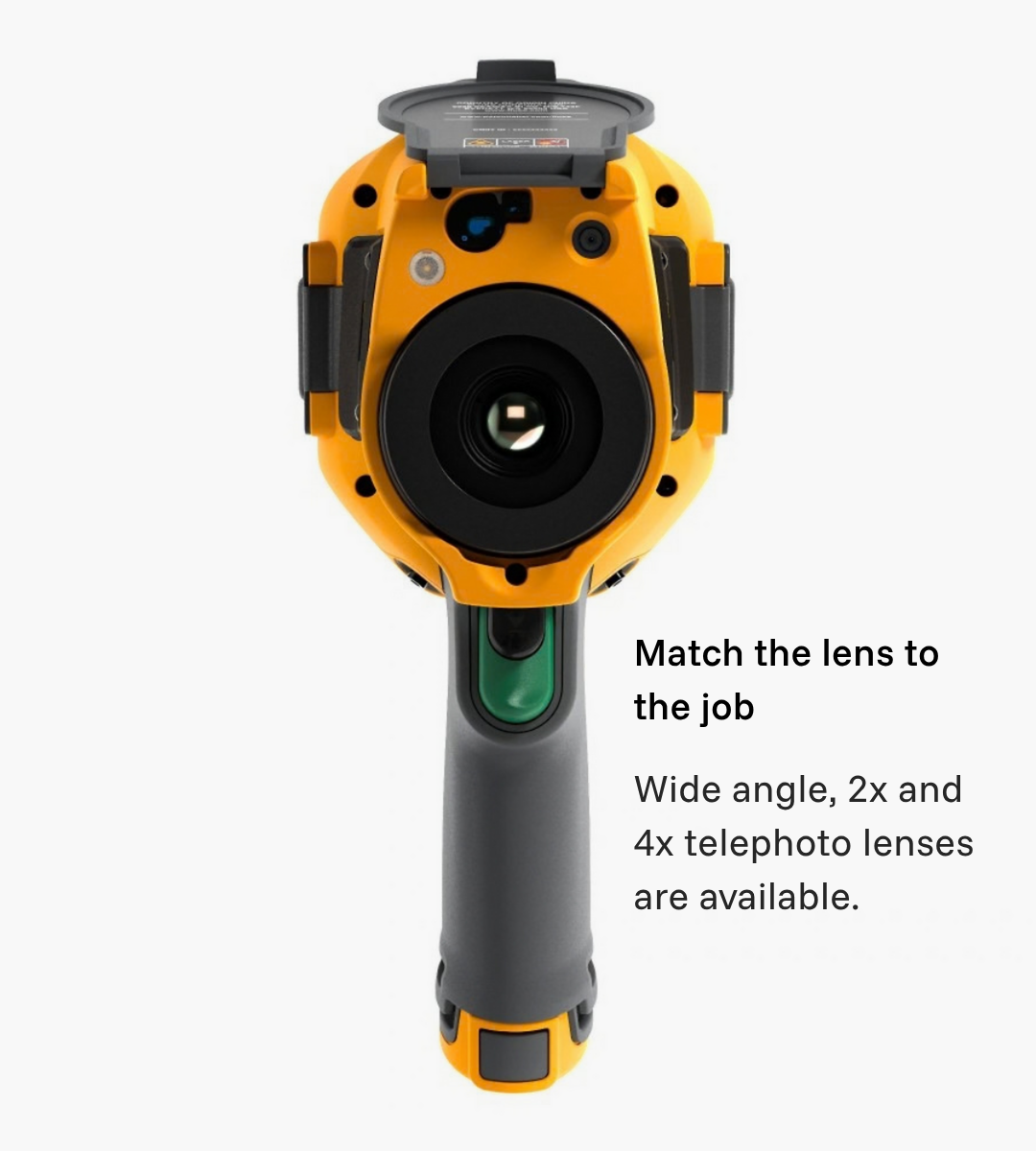 Front lens view of the Fluke Ti300U; annotation notes available wide-angle, 2× and 4× telephoto lenses.
