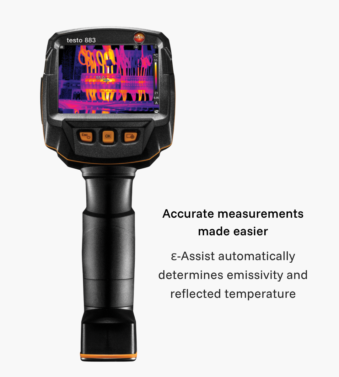 Front view of Testo 883-2 thermal camera with ε-Assist measurement support