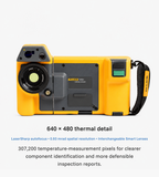 Front view of the Fluke TiX501 thermal camera showing the infrared lens and LaserSharp autofocus system