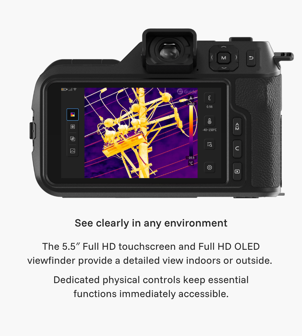 Rear view of the Guide PT II thermal camera showing its 5.5-inch Full HD touchscreen, OLED viewfinder and physical controls.