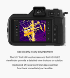Rear view of the Guide PT II thermal camera showing its 5.5-inch Full HD touchscreen, OLED viewfinder and physical controls.