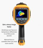 Rear display view of the Fluke Ti401U; annotation highlights UltraFocus and manual focusing.