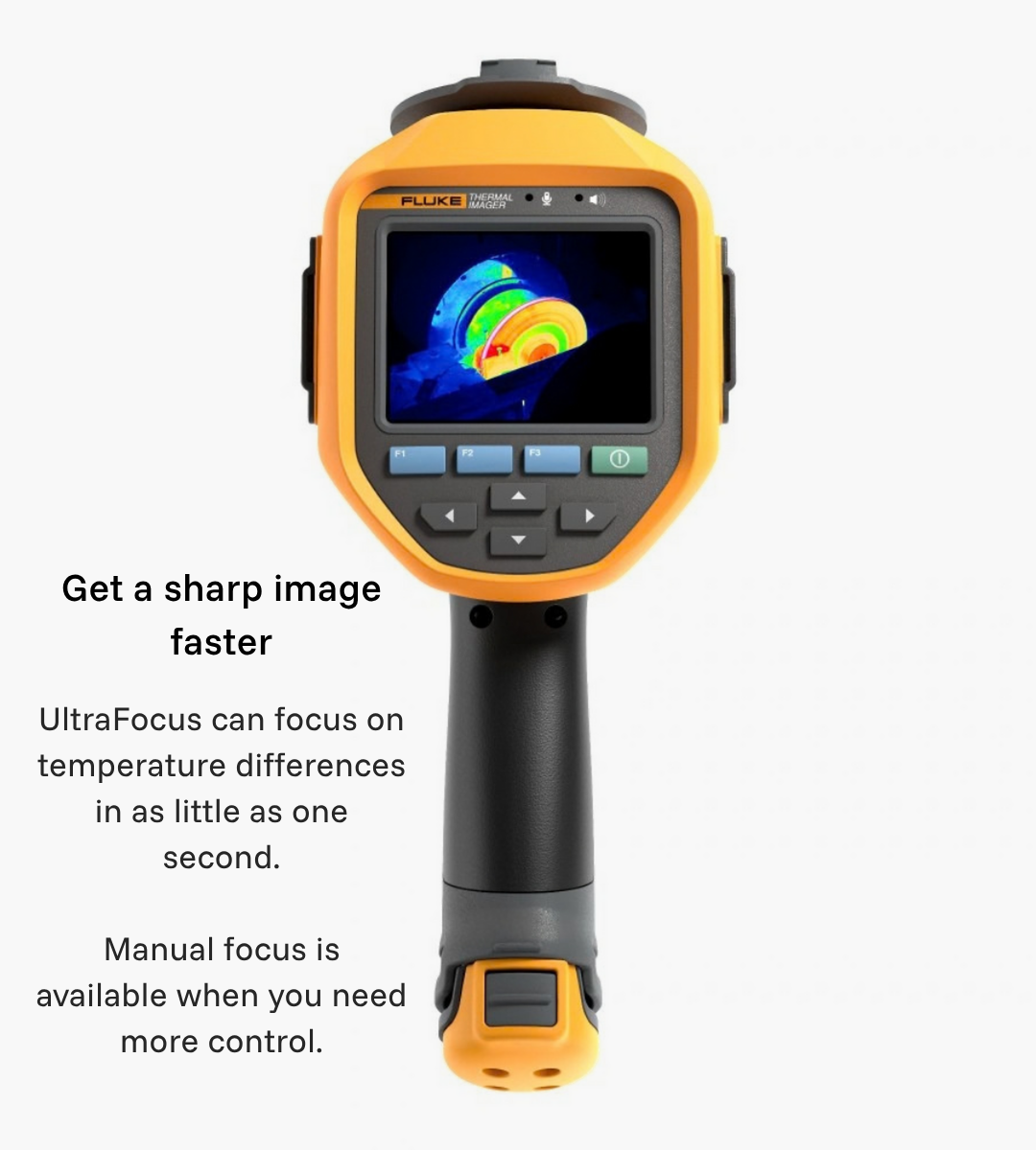 Rear display view of the Fluke Ti401U; annotation highlights UltraFocus and manual focusing.