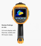Rear view of the Fluke Ti300U display; annotation highlights on-camera review and thermal, visible and IR-Fusion views.