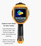 Rear display view of the Fluke Ti480U; annotation highlights SuperResolution for later review and UltraFocus for on-site focusing.