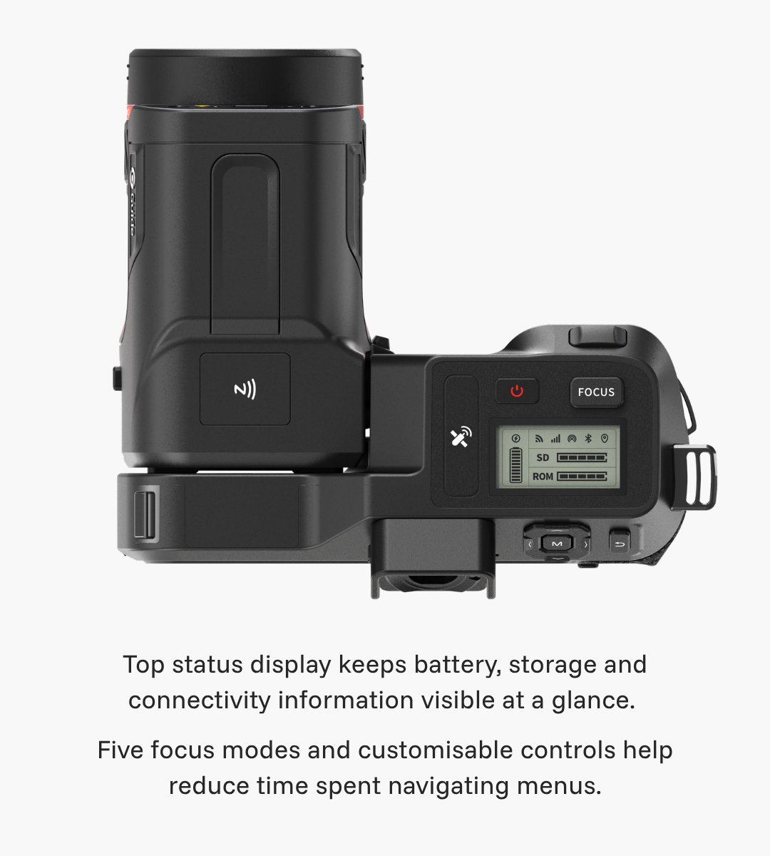 Top view of the Guide PT II thermal camera showing its status display, focus controls and customisable buttons.
