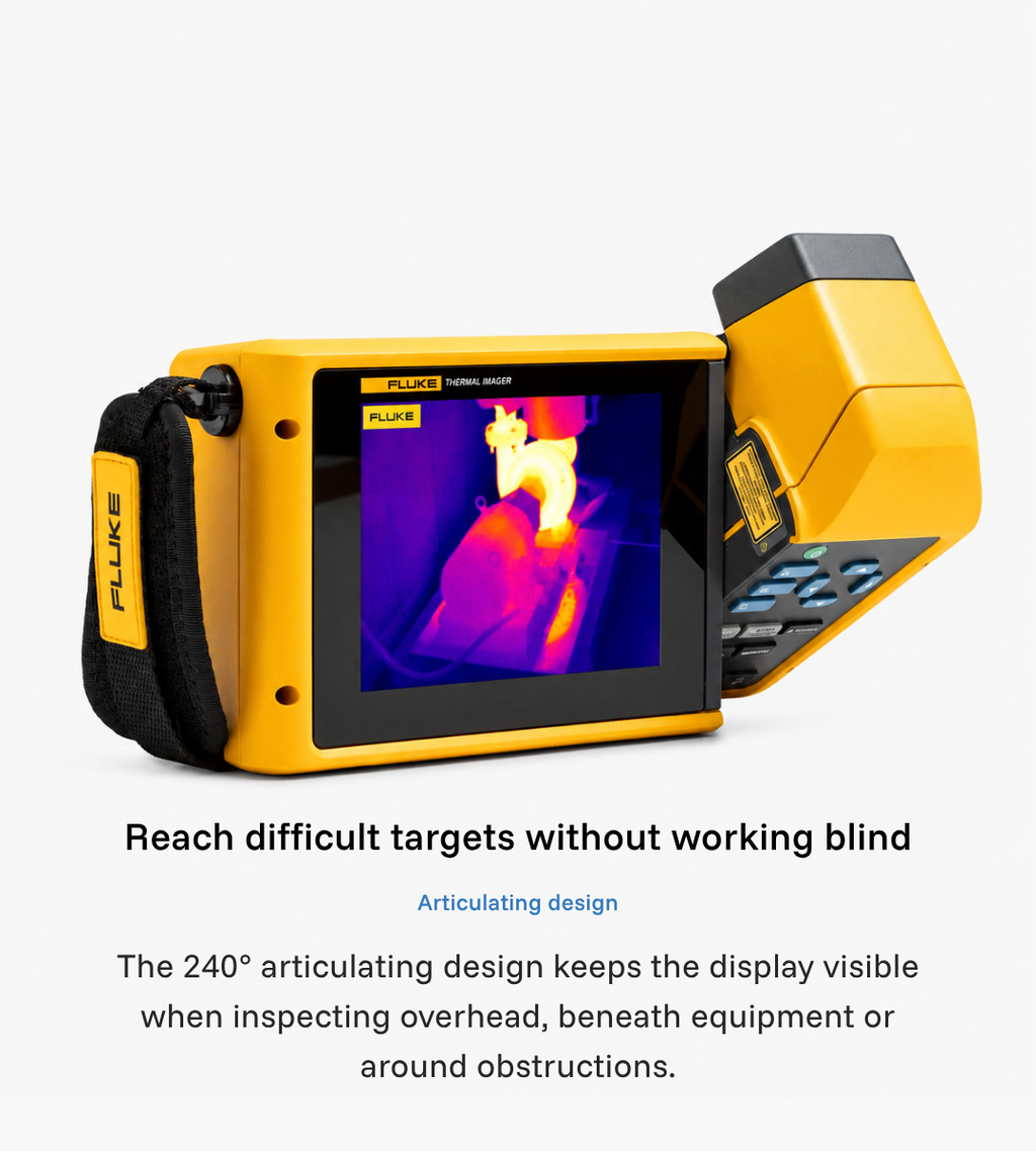 Fluke TiX501 with its large display and 240-degree articulating camera body positioned at an angle