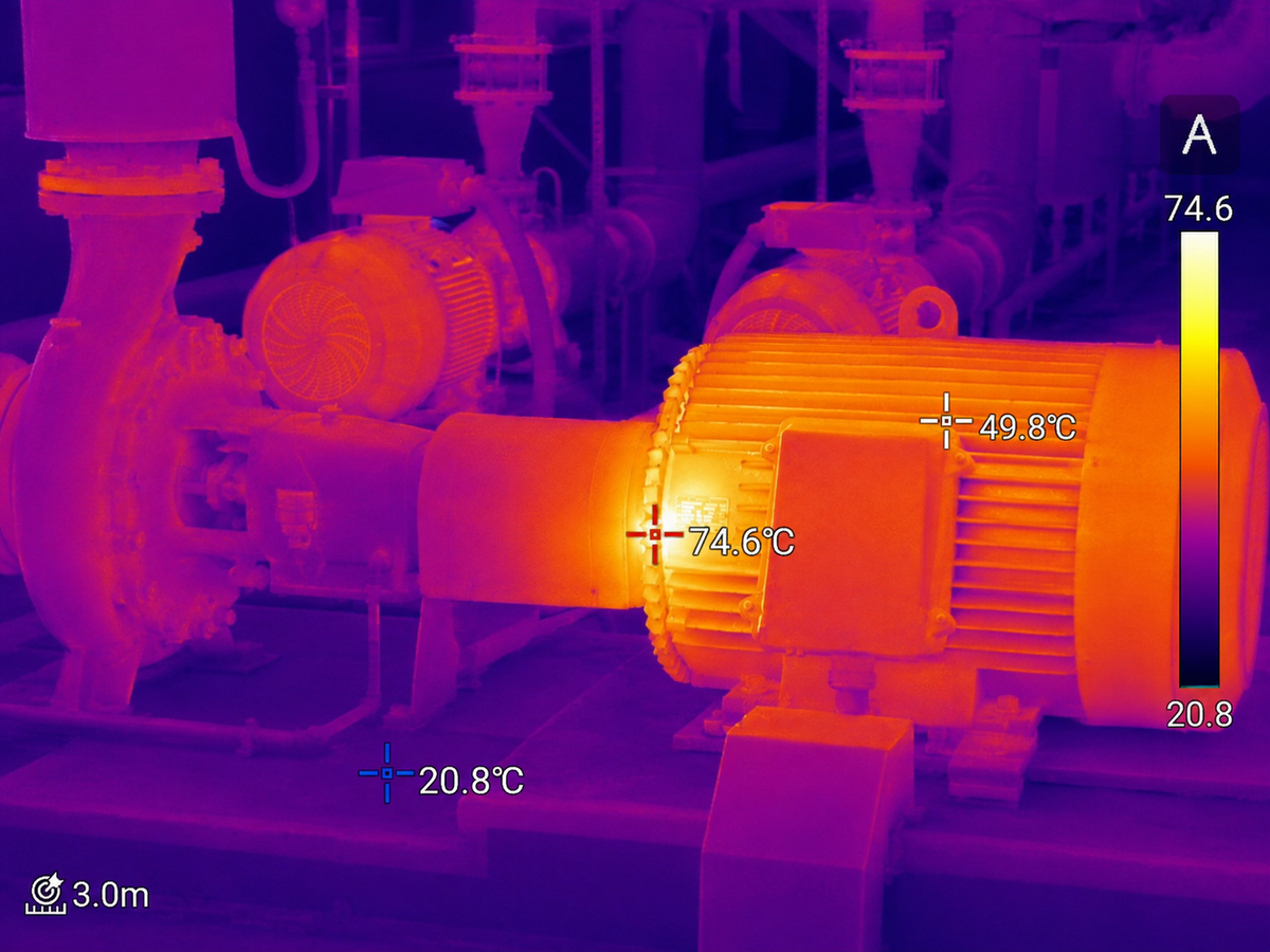 Guide Hammer II H4S thermogram showing a 74.6°C hotspot at the electric motor’s drive-end bearing.