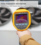 Handheld Fluke thermal camera facing HVAC fans; annotation highlights checking fans and motors for abnormal heat.