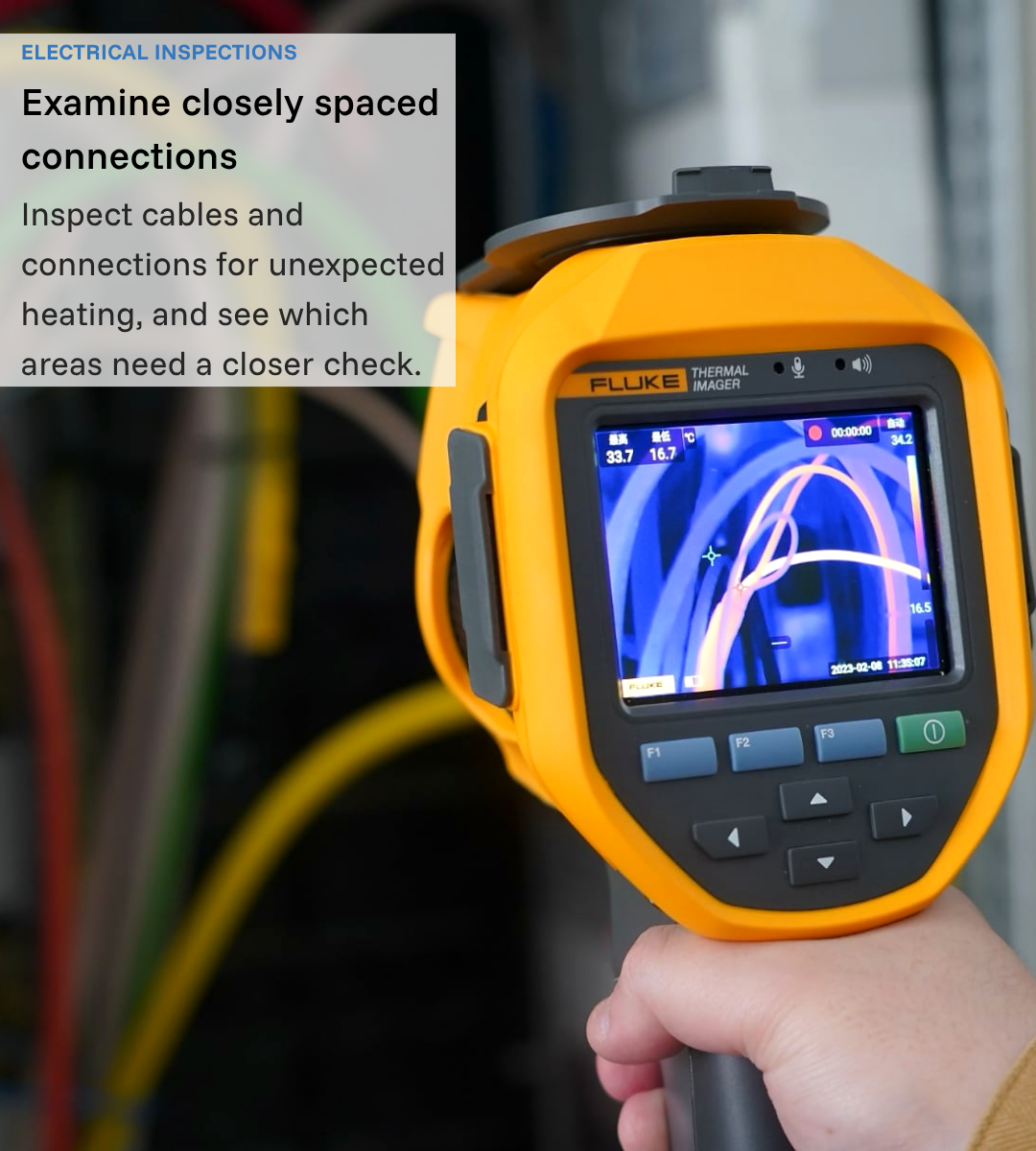 Fluke thermal camera displaying electrical cables; annotation describes examining heat patterns across closely spaced connections.