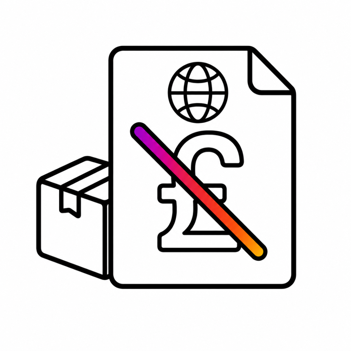 A minimalist black line icon of a document with a folded corner, a globe symbol, a British pound symbol crossed out with a diagonal pen, and a small box outline on a plain white background.