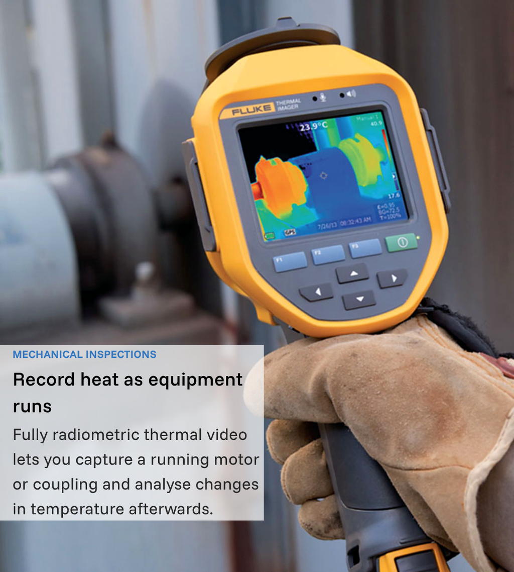 Gloved hand holding a Fluke thermal camera near machinery; annotation describes recording radiometric thermal video while equipment runs.