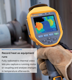 Gloved hand holding a Fluke thermal camera near machinery; annotation describes recording radiometric thermal video while equipment runs.