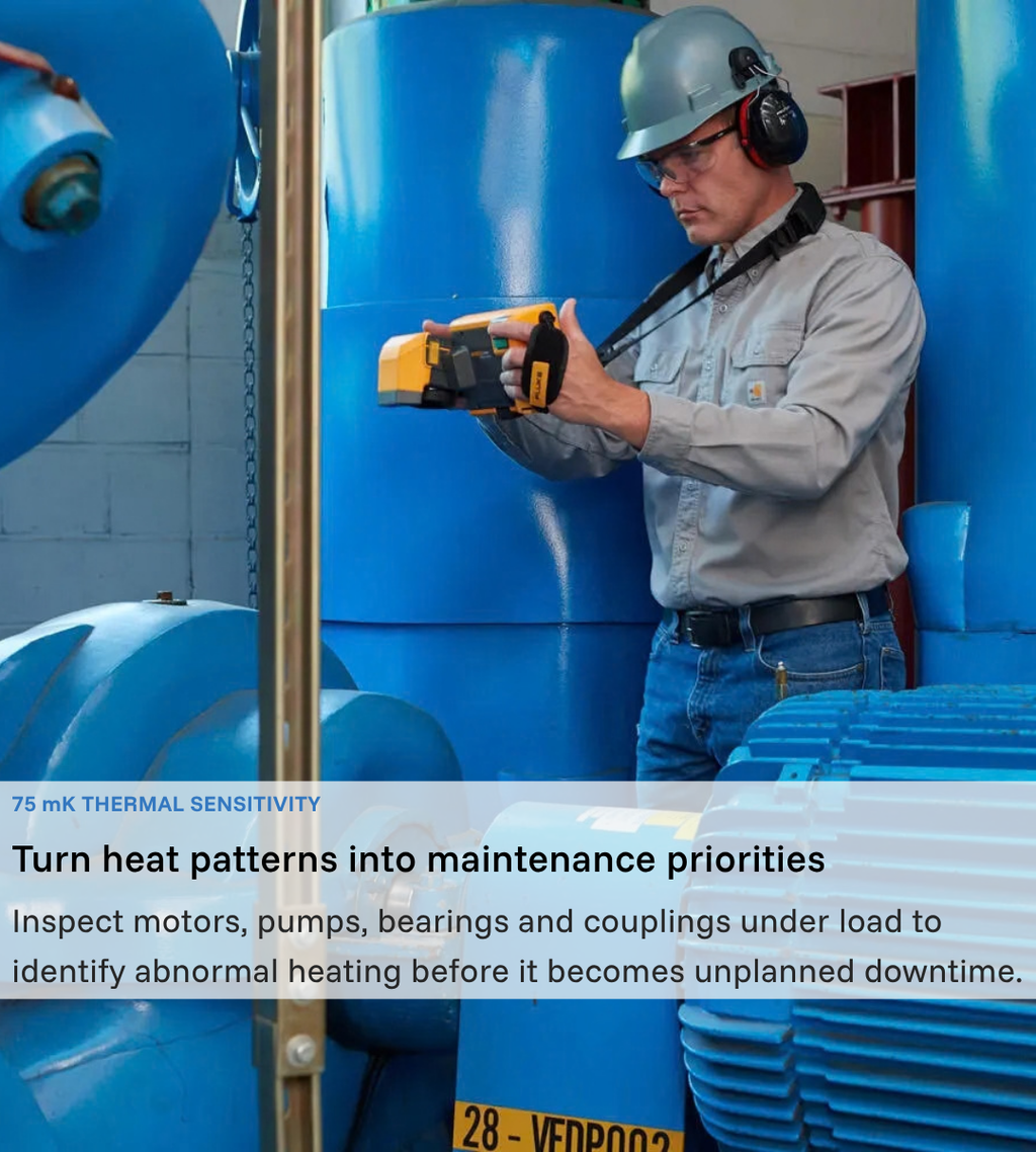 Industrial maintenance technician using a Fluke TiX501 to inspect a motor and pump assembly