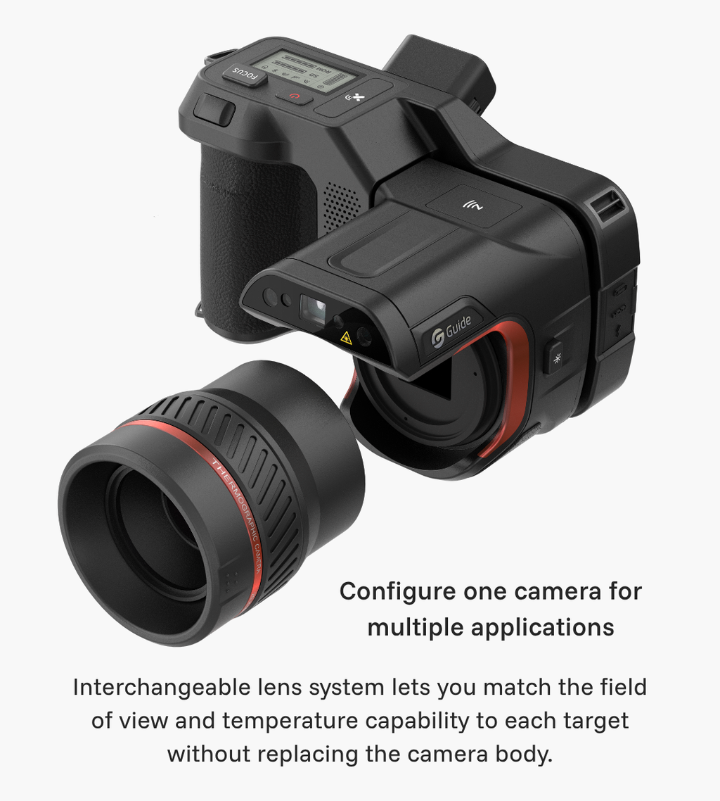 Guide PT II thermal camera with its interchangeable infrared lens removed from the optical module.