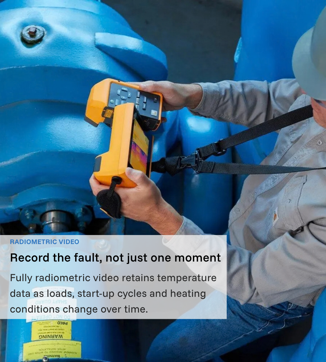 Maintenance technician using a Fluke TiX580 to inspect industrial pumps and rotating equipment