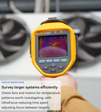 Fluke thermal camera aimed towards HVAC fans; annotation describes checking fans and motors for temperature patterns.