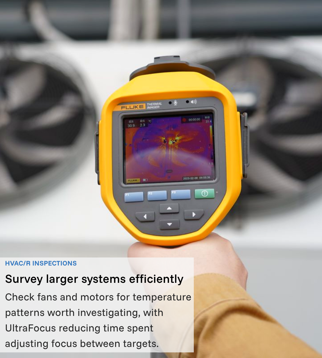 Fluke thermal camera aimed towards HVAC fans; annotation describes checking fans and motors for temperature patterns.