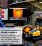 Fluke TiX580 mounted in a laboratory test setup with thermal-analysis software displayed on a computer