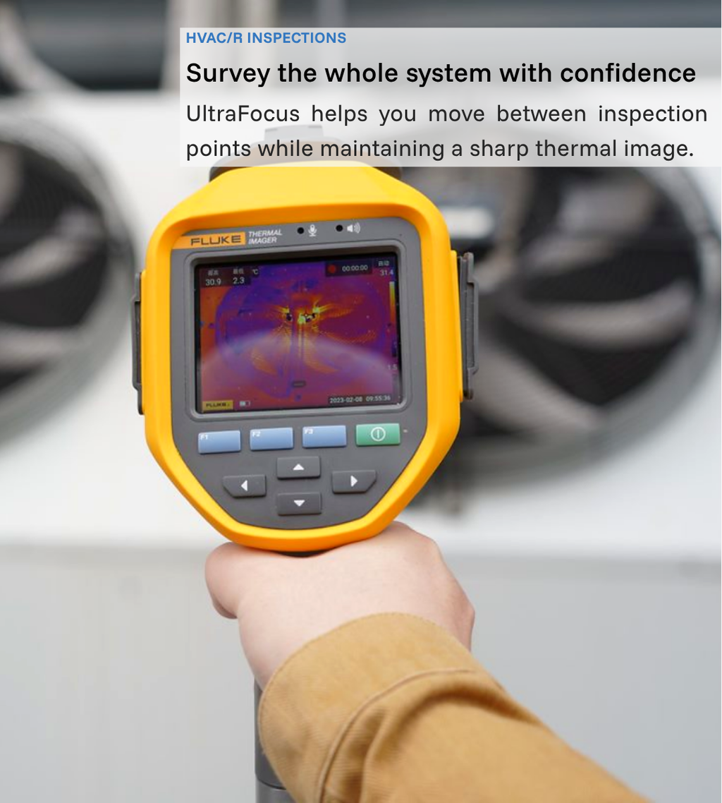 Handheld Fluke thermal camera aimed towards HVAC fans; annotation describes checking the system for uneven heating.