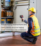Engineer using a Testo 883 thermal camera to inspect an electrical cabinet