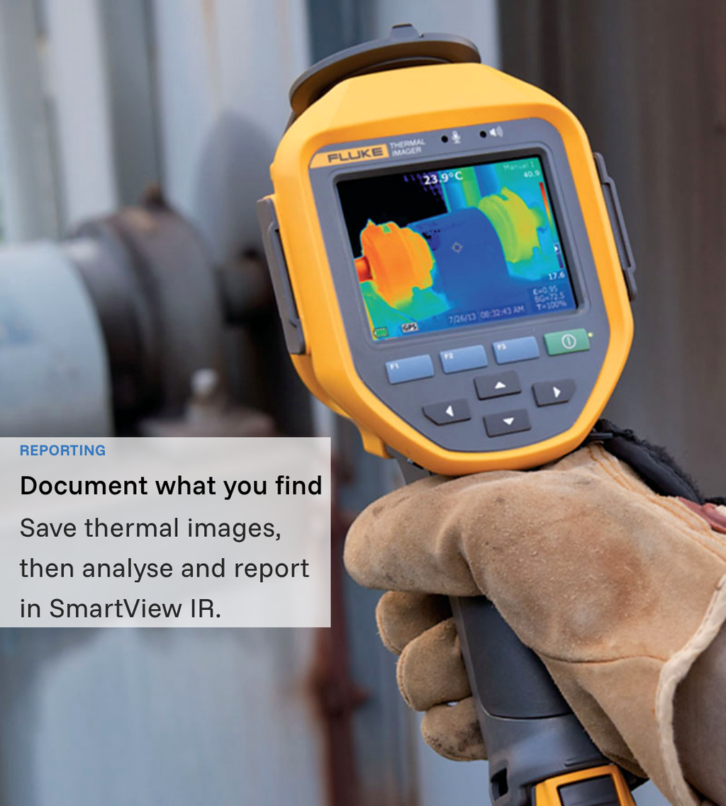Gloved hand holding a Fluke thermal camera near machinery; annotation highlights analysing and reporting findings with SmartView IR.