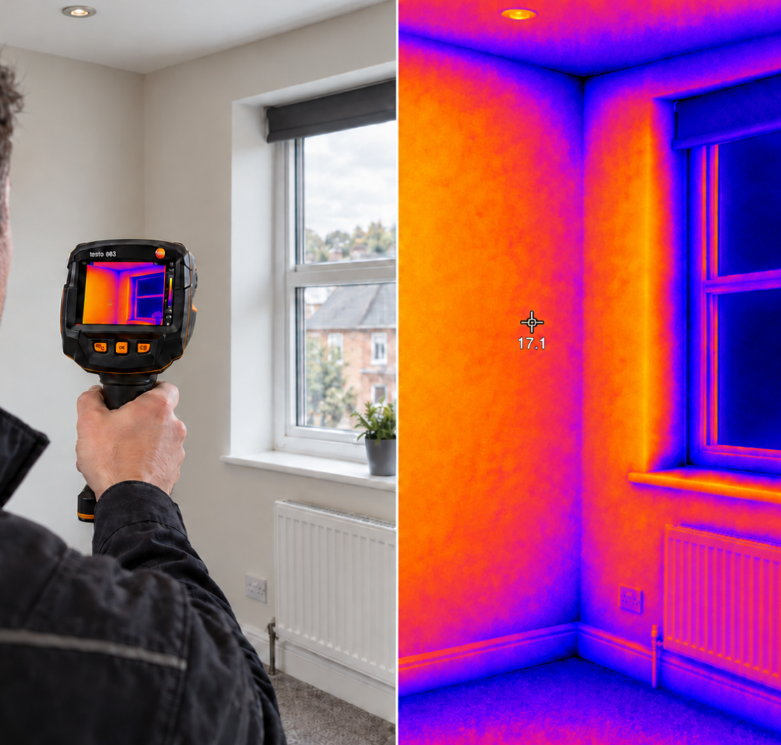 Building surveyor using a Testo 883 to inspect a wall and window, beside a wide-angle thermogram showing cooler window areas and an unheated radiator