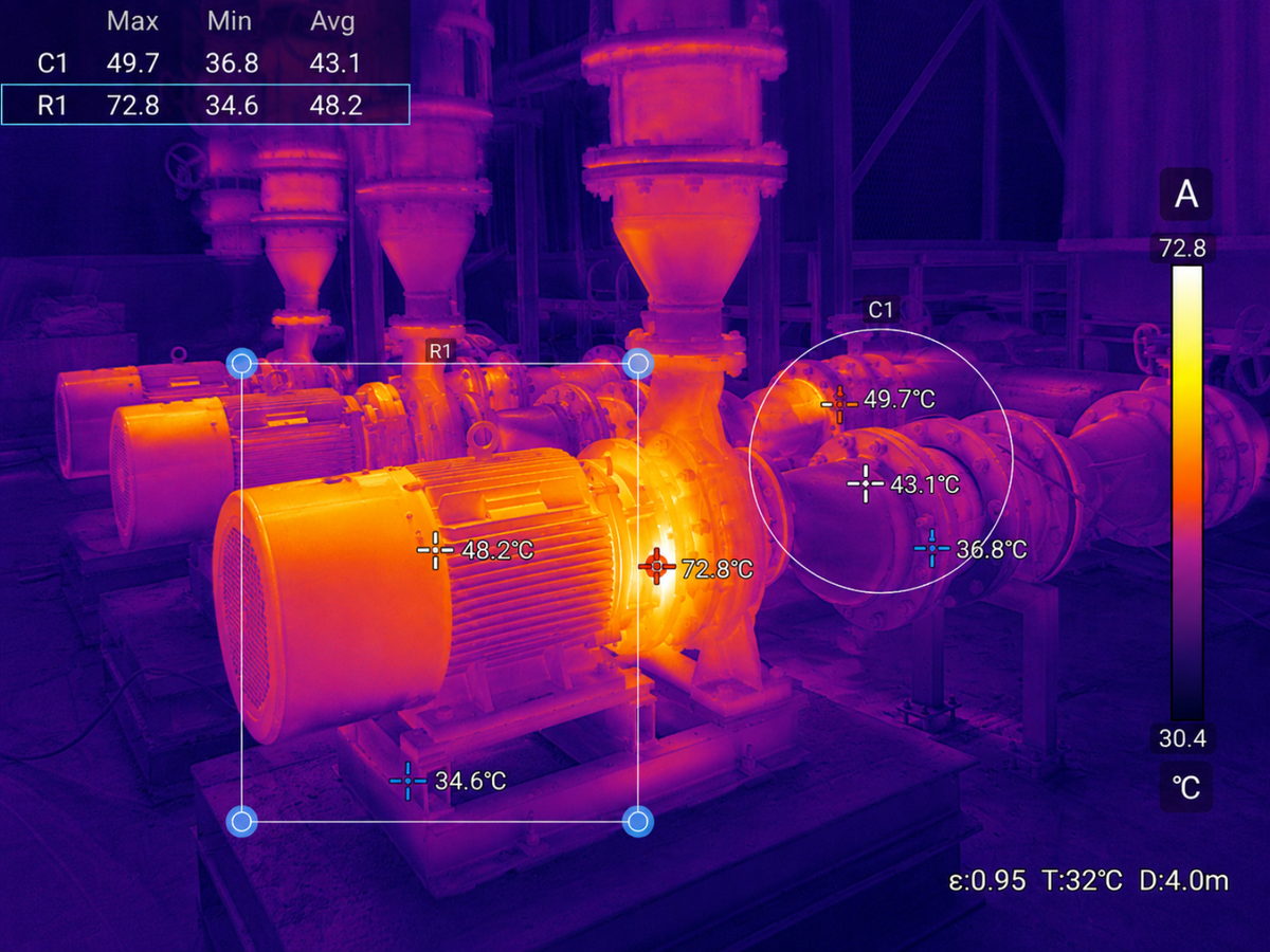 Thermal image of industrial motor-driven centrifugal pumps showing temperature differences and a localised overheating fault around the pump coupling
