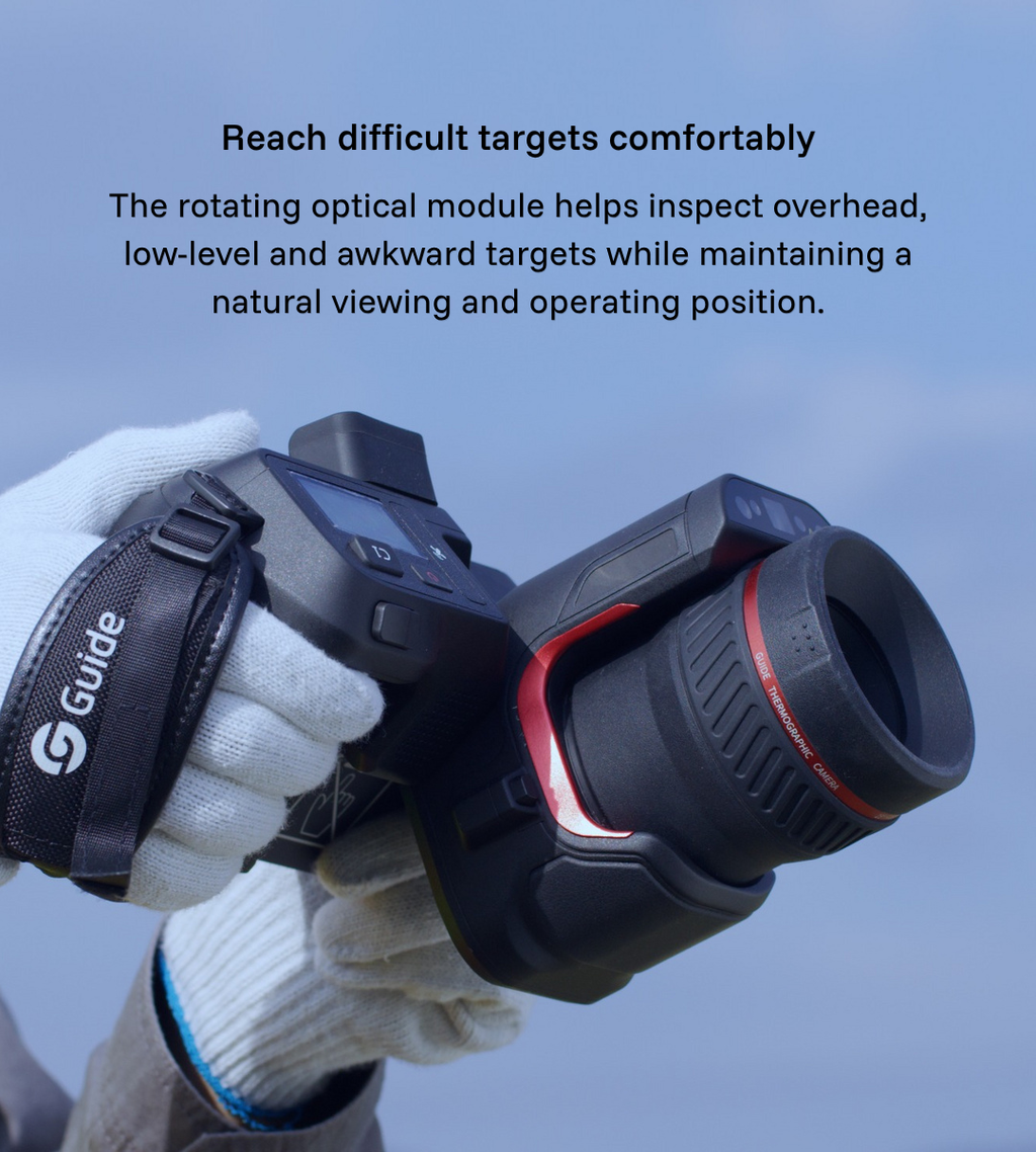 Engineer holding a Guide PT II thermal camera with its rotating optical module angled for an awkward inspection position.