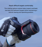Engineer holding a Guide PT II thermal camera with its rotating optical module angled for an awkward inspection position.