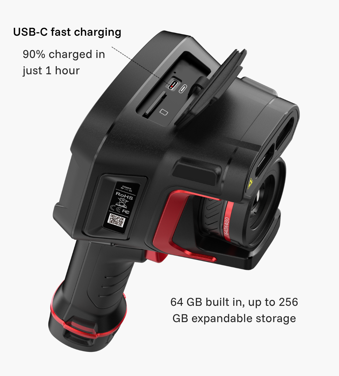 Close-up of the Guide Sensmart Hammer II USB-C port, highlighting 90% charging in one hour and expandable storage up to 256 GB.
